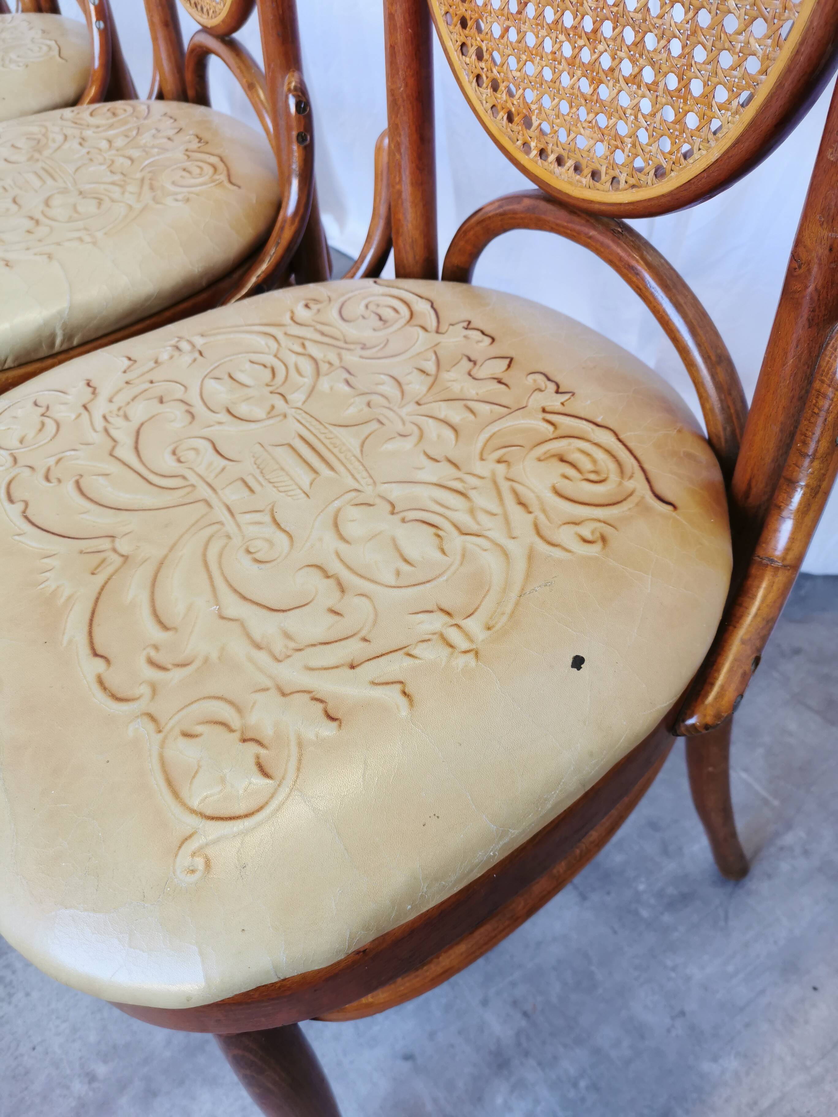 Set of 4 Vintage Bentwood Dining Chairs: Cane Back, Leather Seat, Thonet St