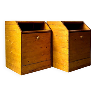 Pair of handcrafted solid wood bedside tables with drop-down front.