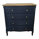Vintage blue chest of drawers with a solid wood top.