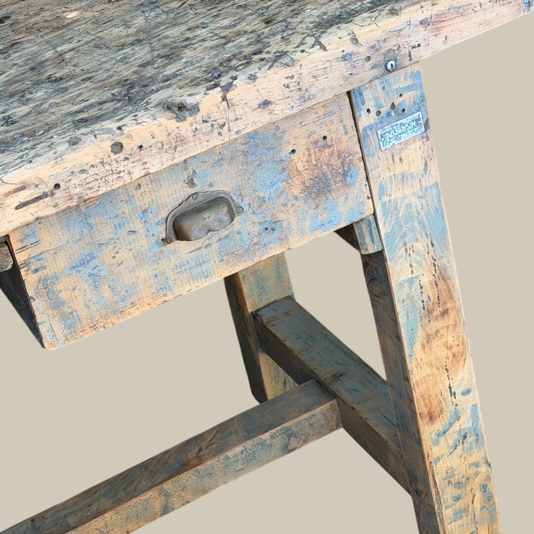 Blue patina beech drawer console established in 1940.