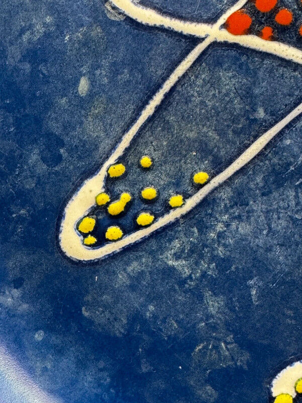 Large decorative dish signed André Baud, diameter 37 cm, enamelled decoration on a deep blue background