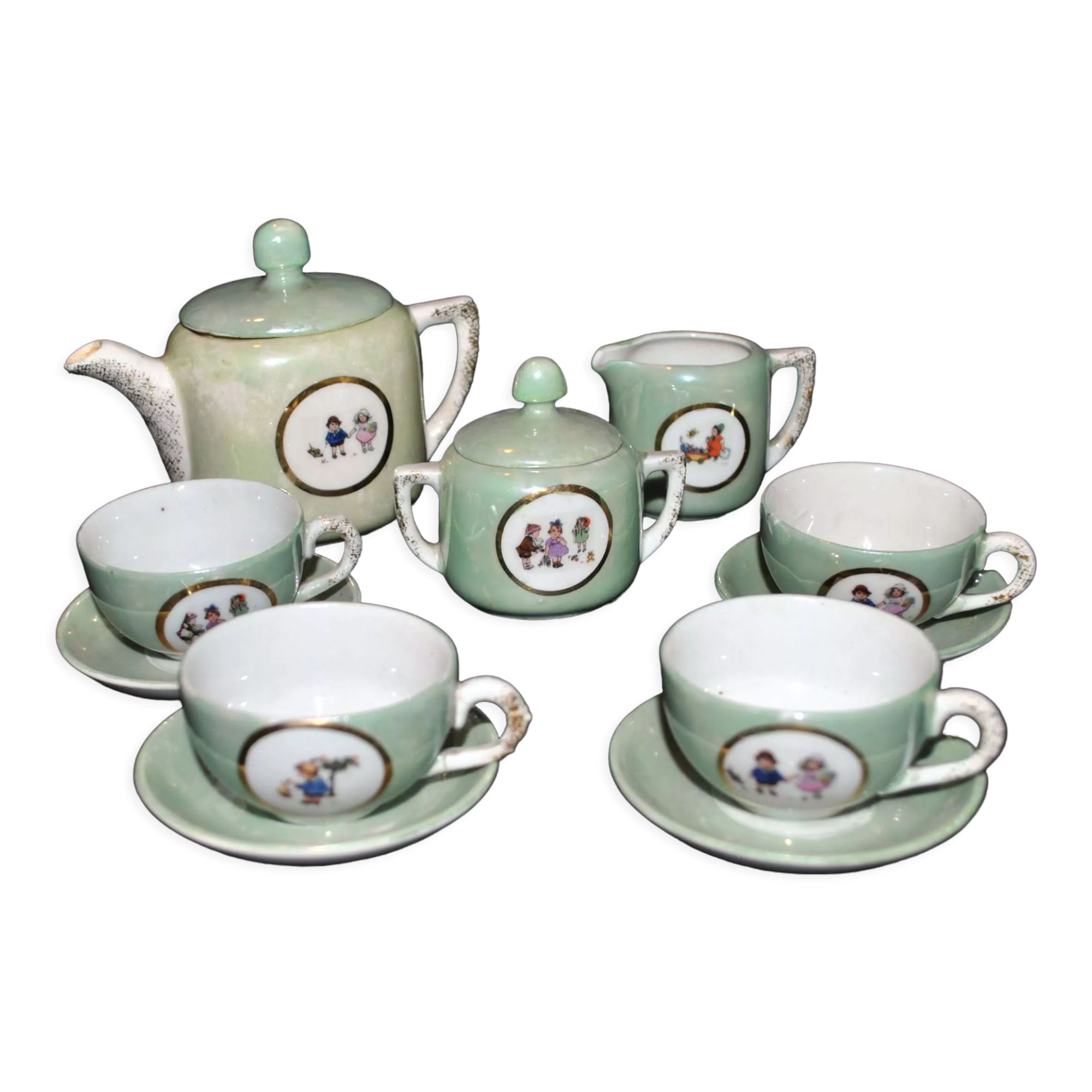 Toy Dinette Tea set in iridescent porcelain - silkscreened doll decoration 1920