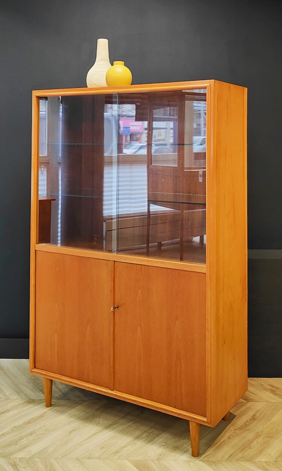 Mid century highboard vintage display cabinet, bookcase
