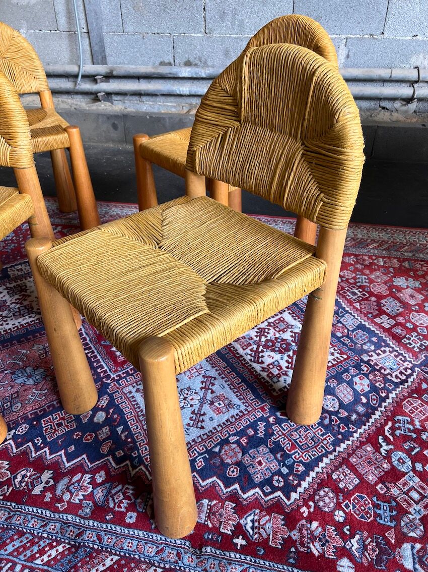 4 Toscanolla chairs in wicker and solid pine by alessandro becchi for giovanetti - italy - 1970