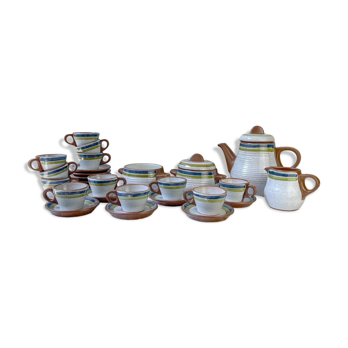 Vintage 1950s speckled stoneware coffee set with grey, green, and blue stripes