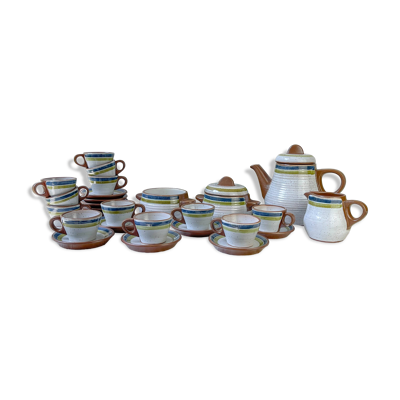 Service à café vintage en grès moucheté gris rayures vertes bleues des années 1950