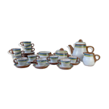 Vintage 1950s speckled stoneware coffee set with grey, green, and blue stripes