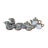 Vintage 1950s speckled stoneware coffee set with grey, green, and blue stripes