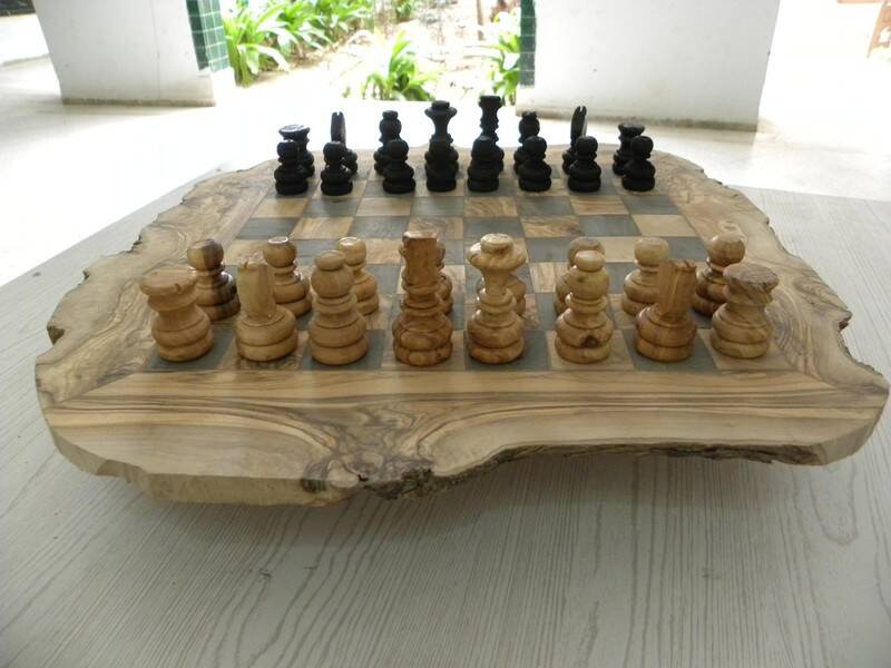 Rustic handcrafted olive wood chess set