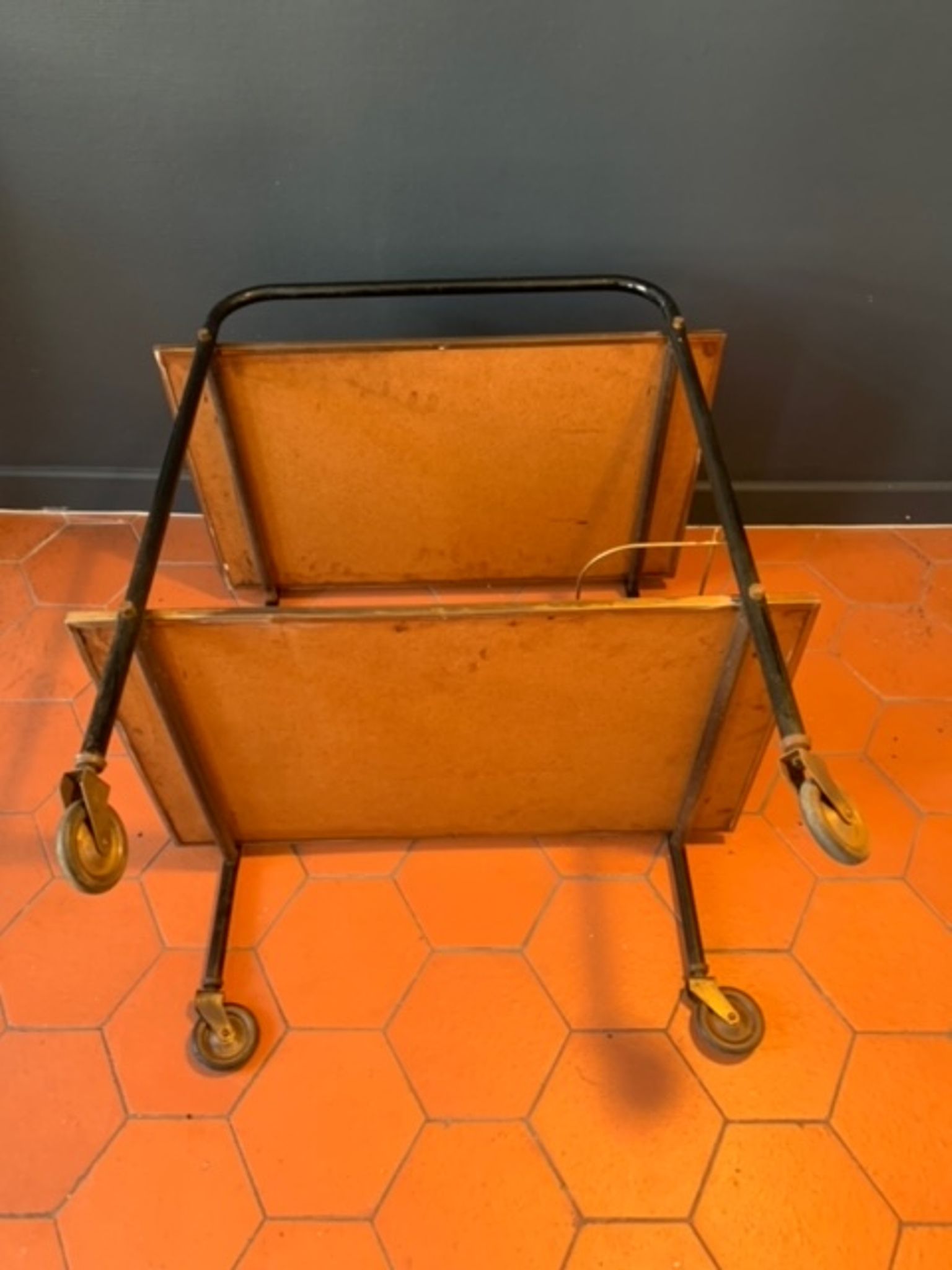Bar service with wheels in black glass and gilded brass 50s