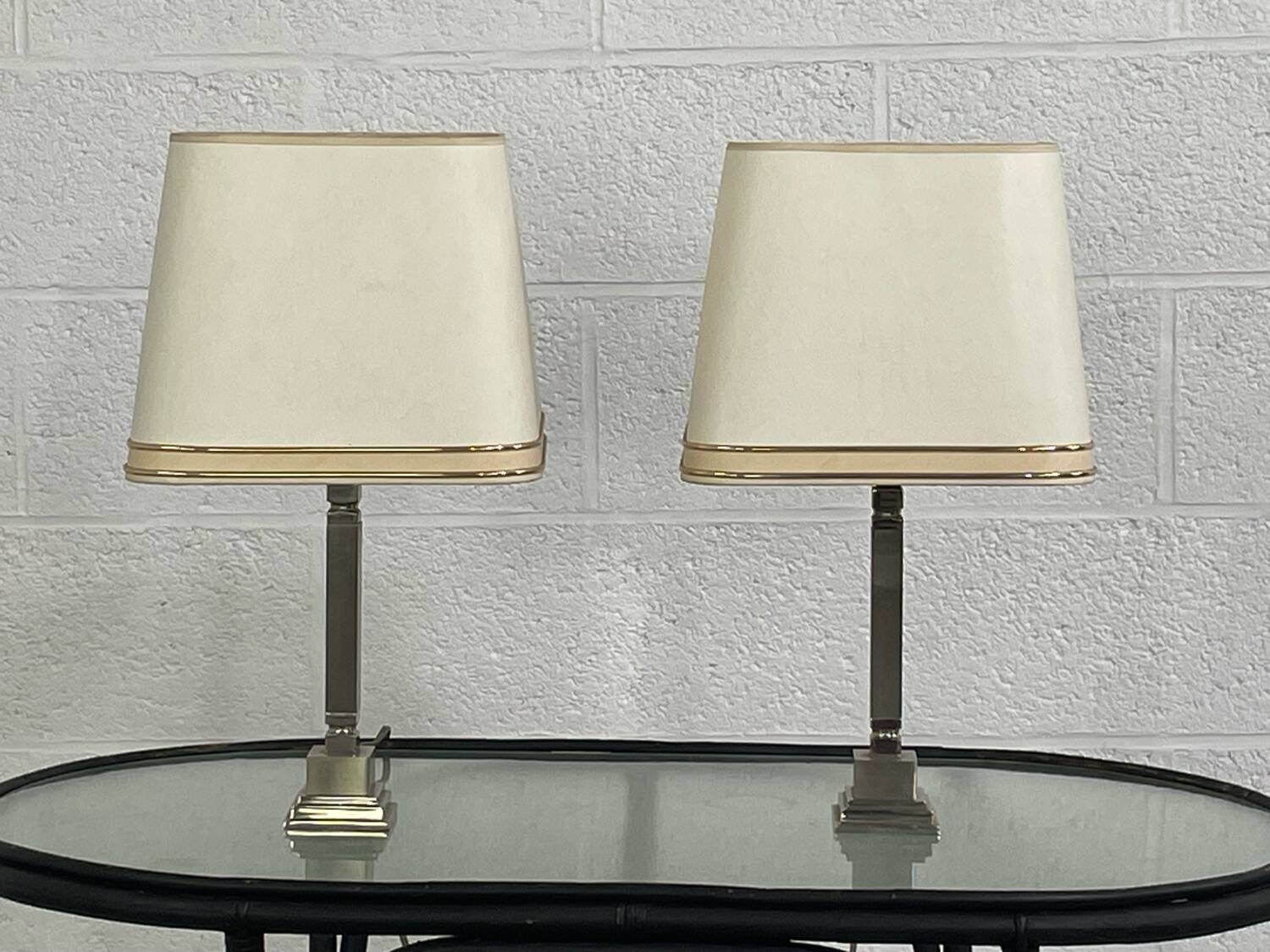 Pair of chrome and brushed metal lamps