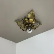 Rare 24 cm Large Theatre Ceiling Light in Gold-Coloured Brass in Florentine Leaf Style, Italy, 1970s