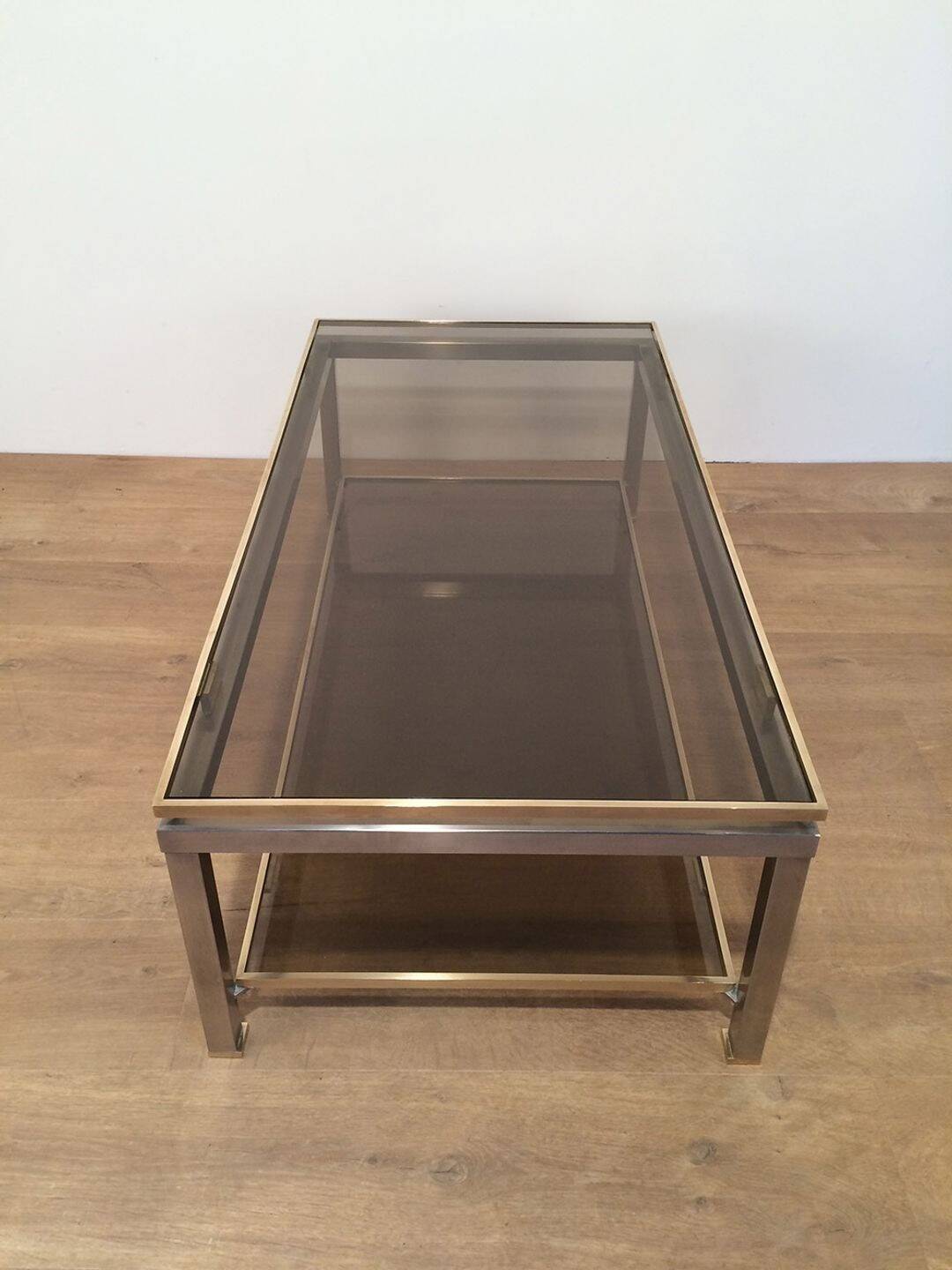 Coffee Table with Double Top in Brushed Steel and Brass, Guy Lefèvre for Ma