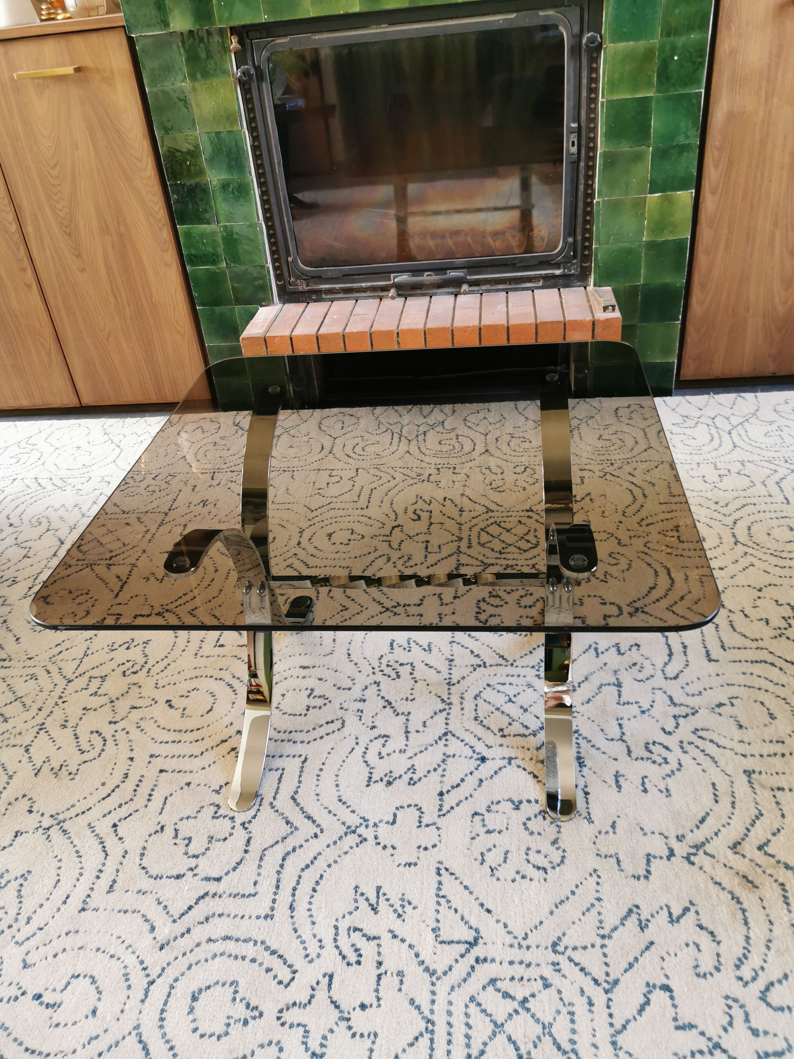 Vintage coffee table 70s in chrome metal and tinted glass