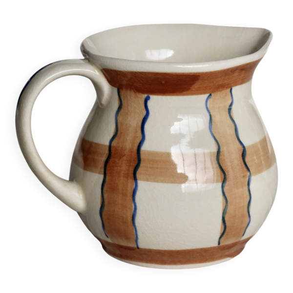 Pichet vintage en céramique émaillée beige et marron peint à la main – Déco