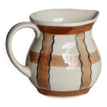 Pichet vintage en céramique émaillée beige et marron peint à la main – Déco