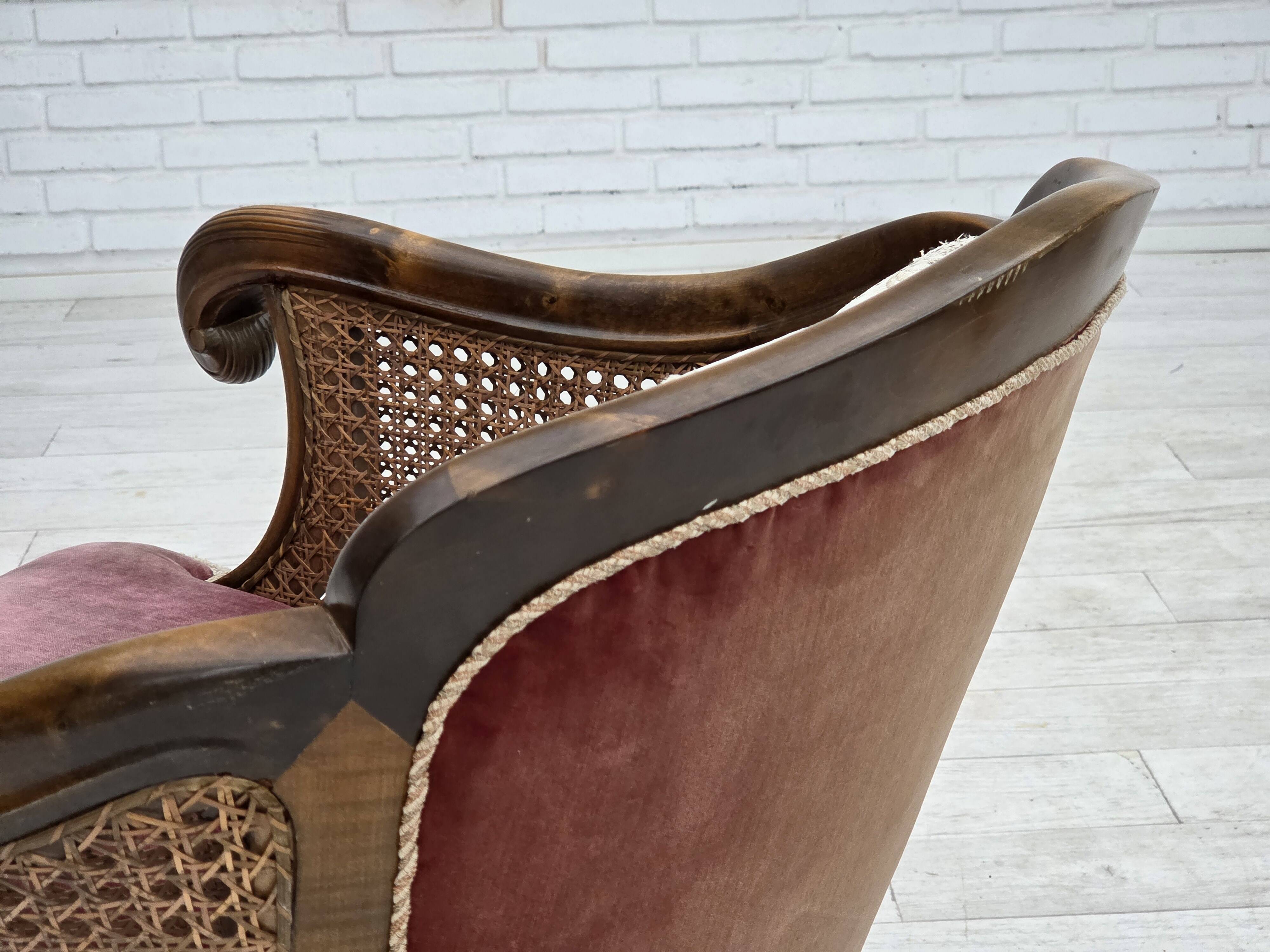 1940s, Danish armchair, woven wool, velour, mesh, carved oak wood.