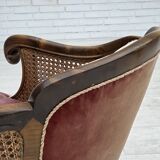 1940s, Danish armchair, woven wool, velour, mesh, carved oak wood.