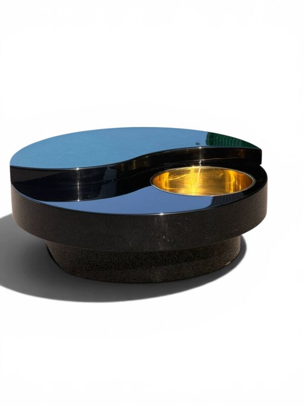 Table basse Willy Rizzo Yin-Yang - Laque, laiton & verre (Circa 70)