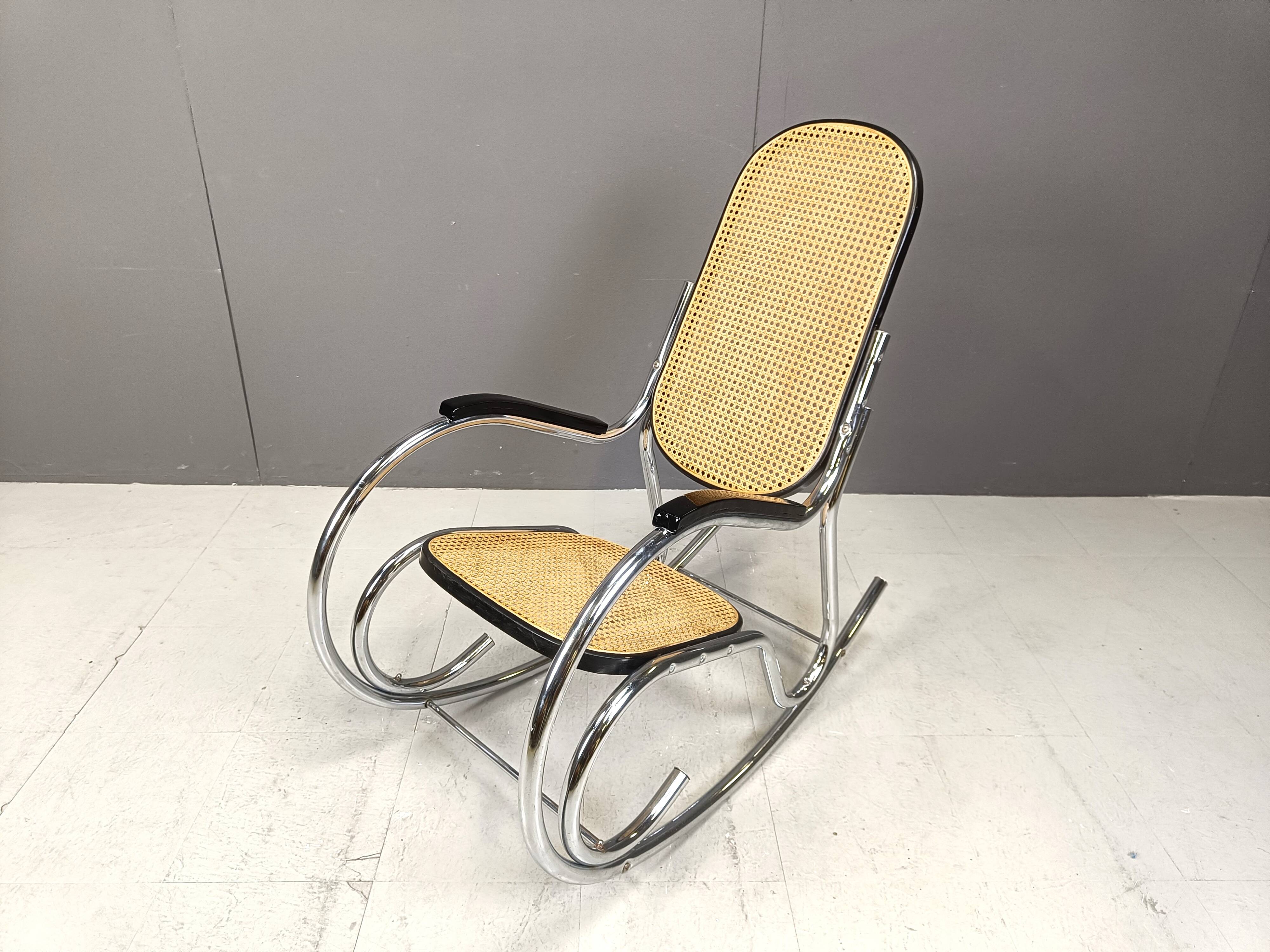 Vintage chrome and rattan rocking chair, 1960s