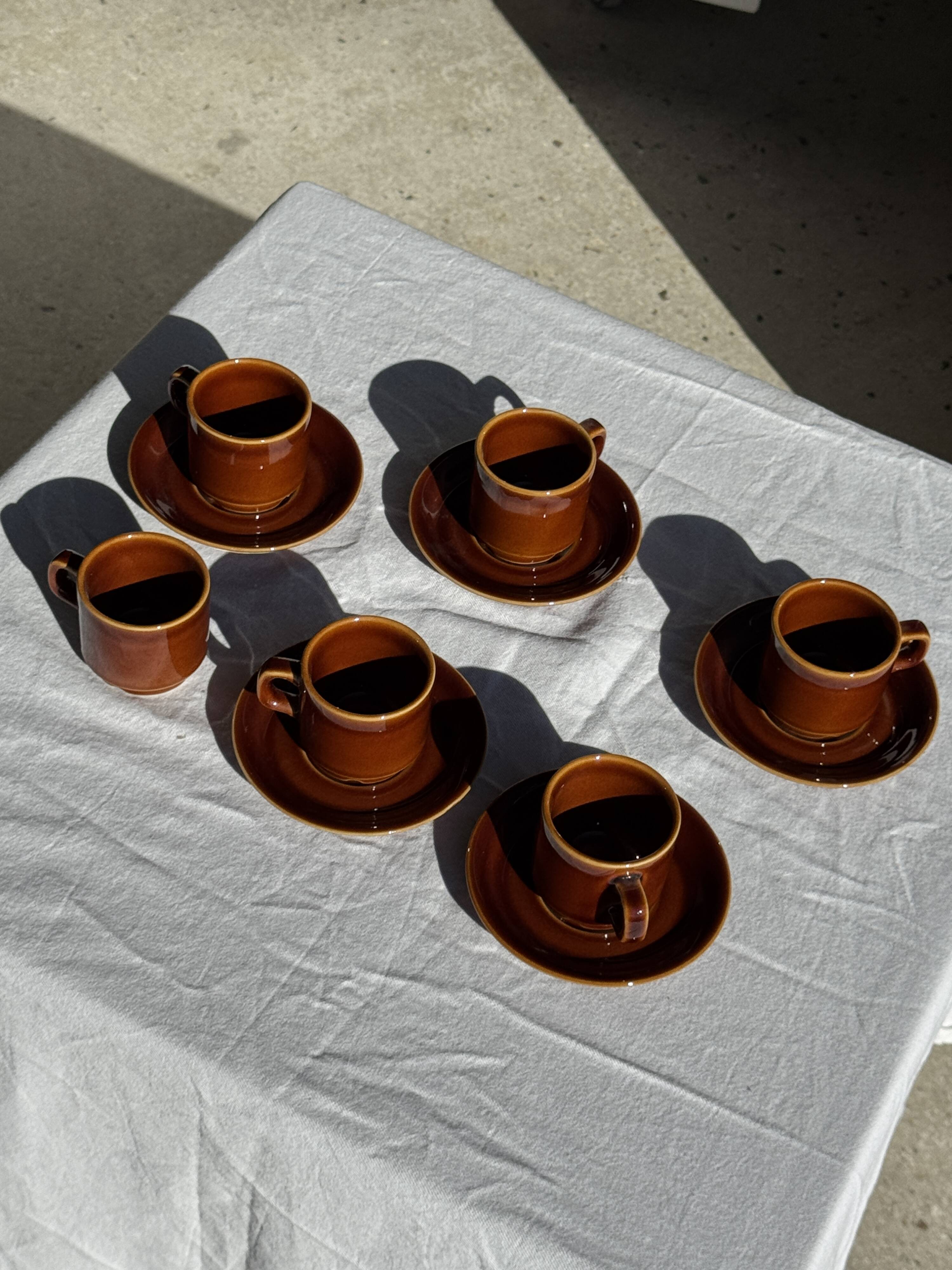 Set of 6 vintage brown glazed ceramic espresso cups with saucers.