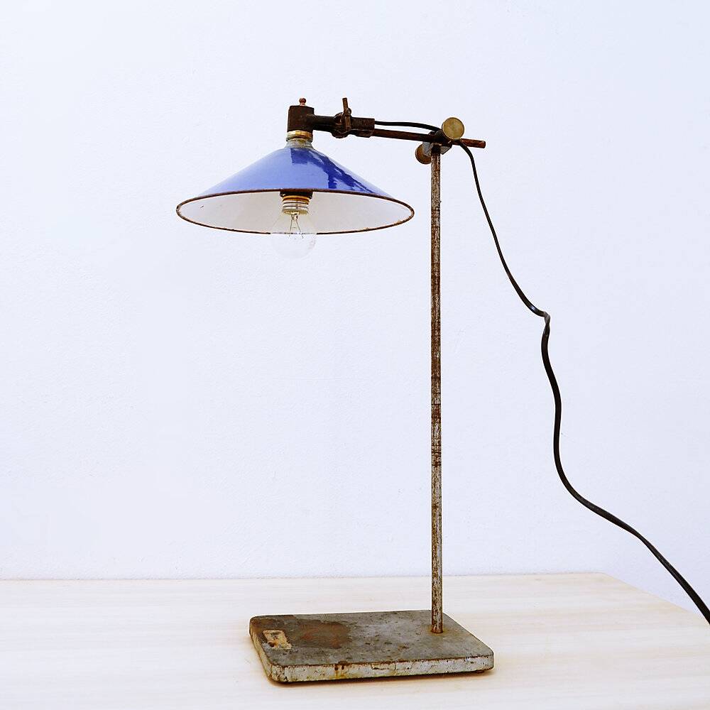 Industrial desk lamp with cobalt blue enamel shade - 1950s