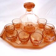 Vintage service in pink salmon glass – Carafe, 8 glasses, and Art Deco tray.