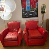 2 club chairs "moustache", 30s, in red leather