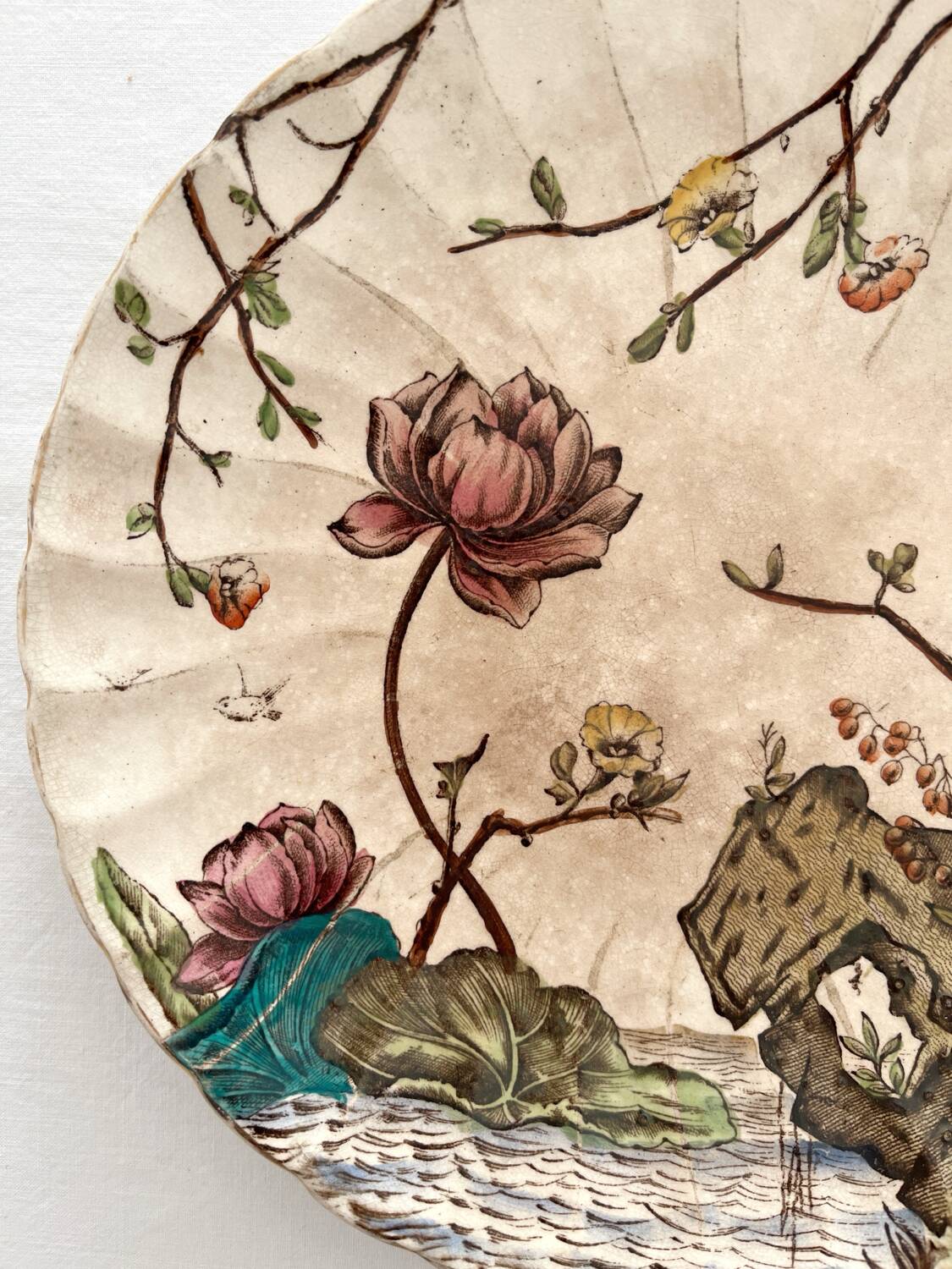 Antique polychrome ironstone plate with bird motif "Aquatic" SF&co