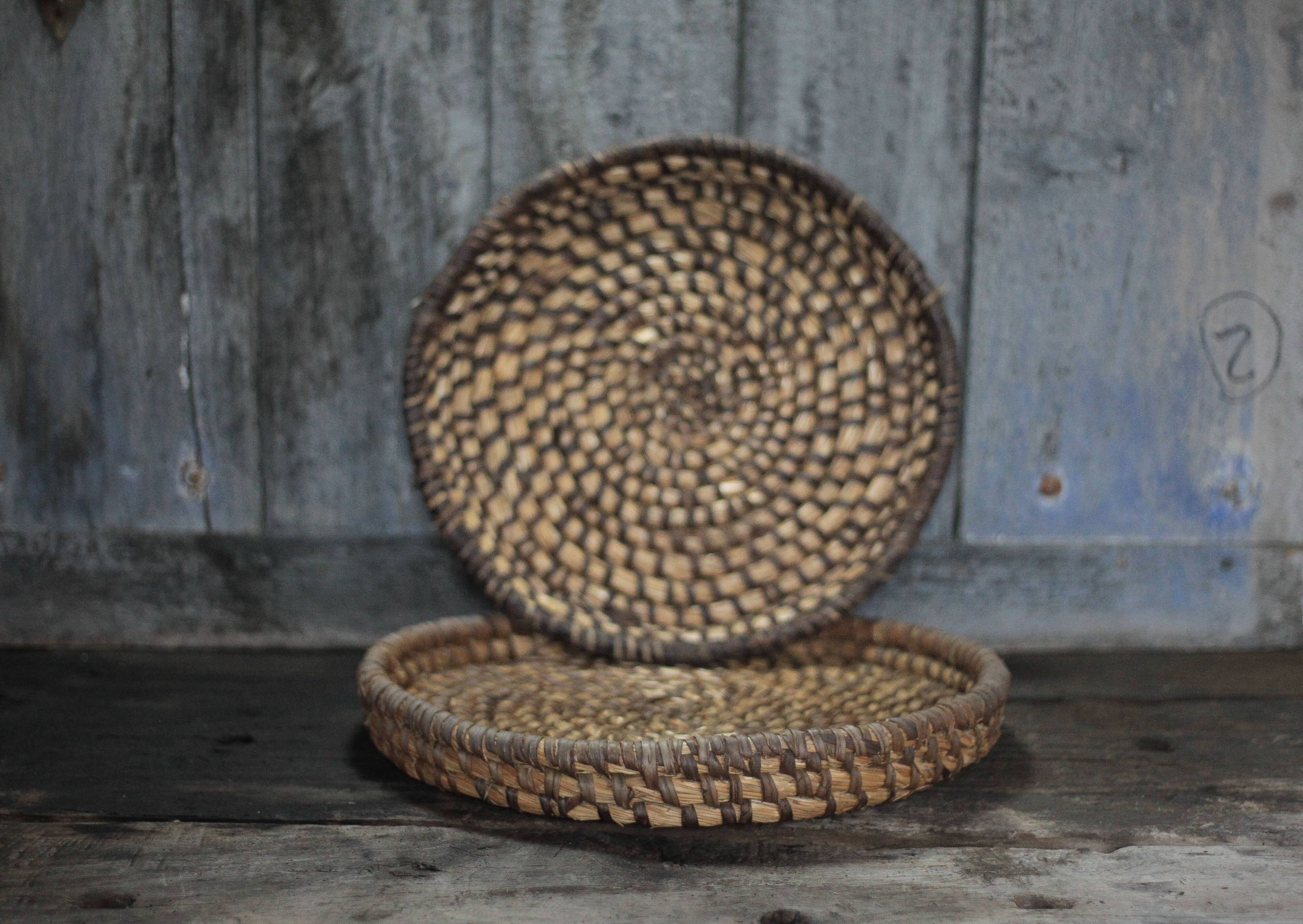 pair of old wicker trays, straw bourgne and bramble, woven bowl