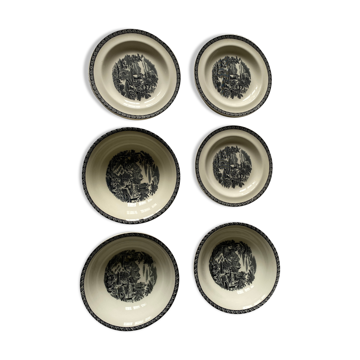 Set of 3 large cups and 3 old Wedgwood Lugano model bread plates