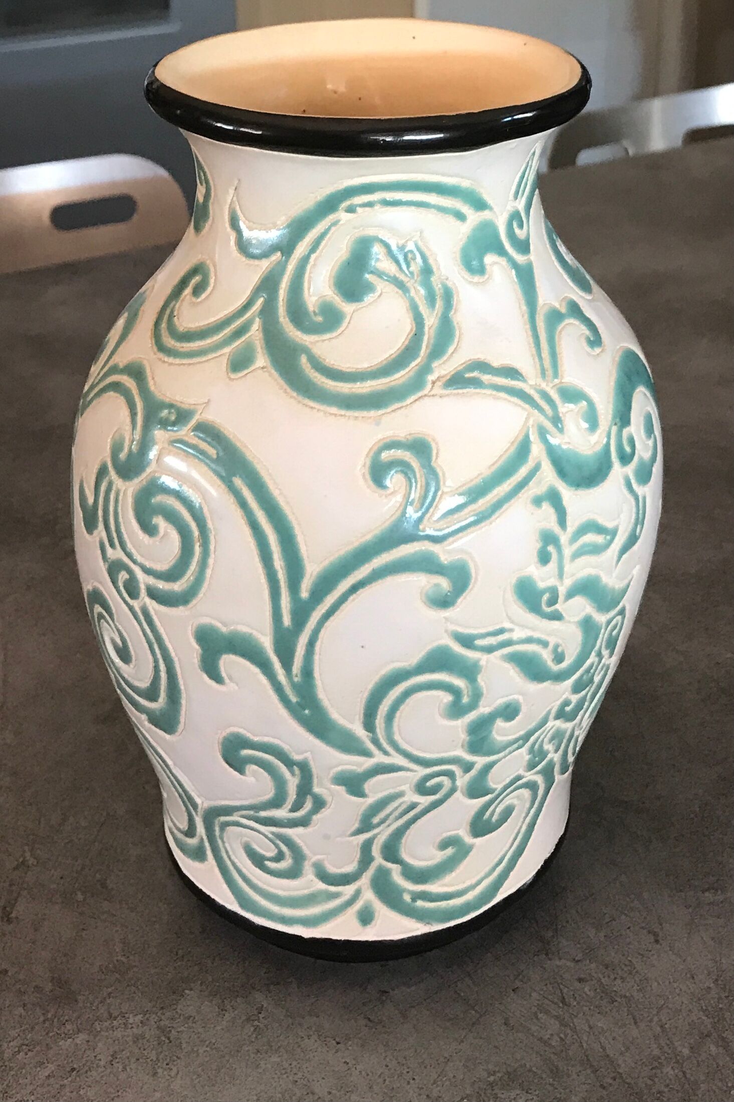 Vintage vase in glazed ceramic with carved decoration of arabesque 22.5 cm