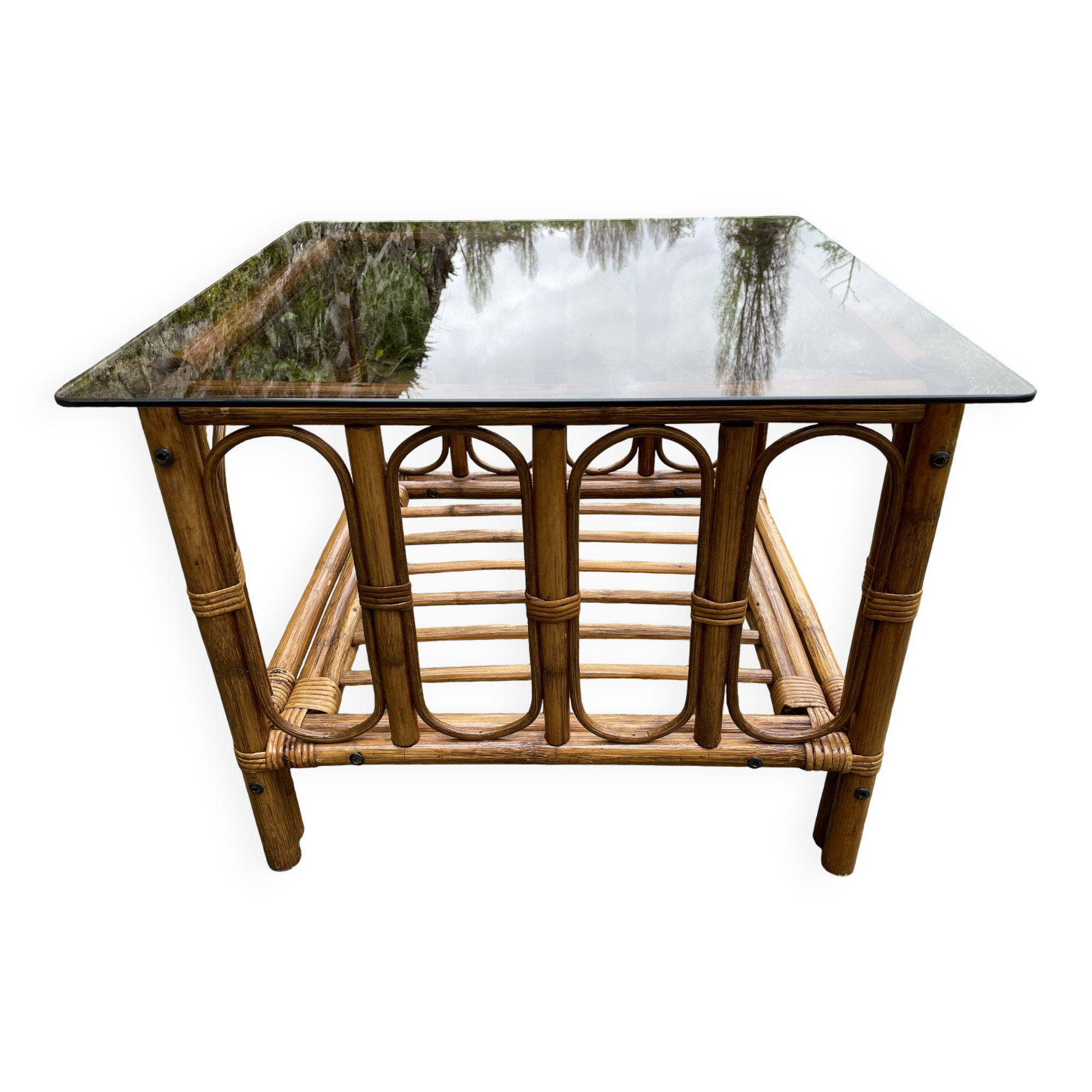 Square coffee table in smoked glass and bamboo, 1970.