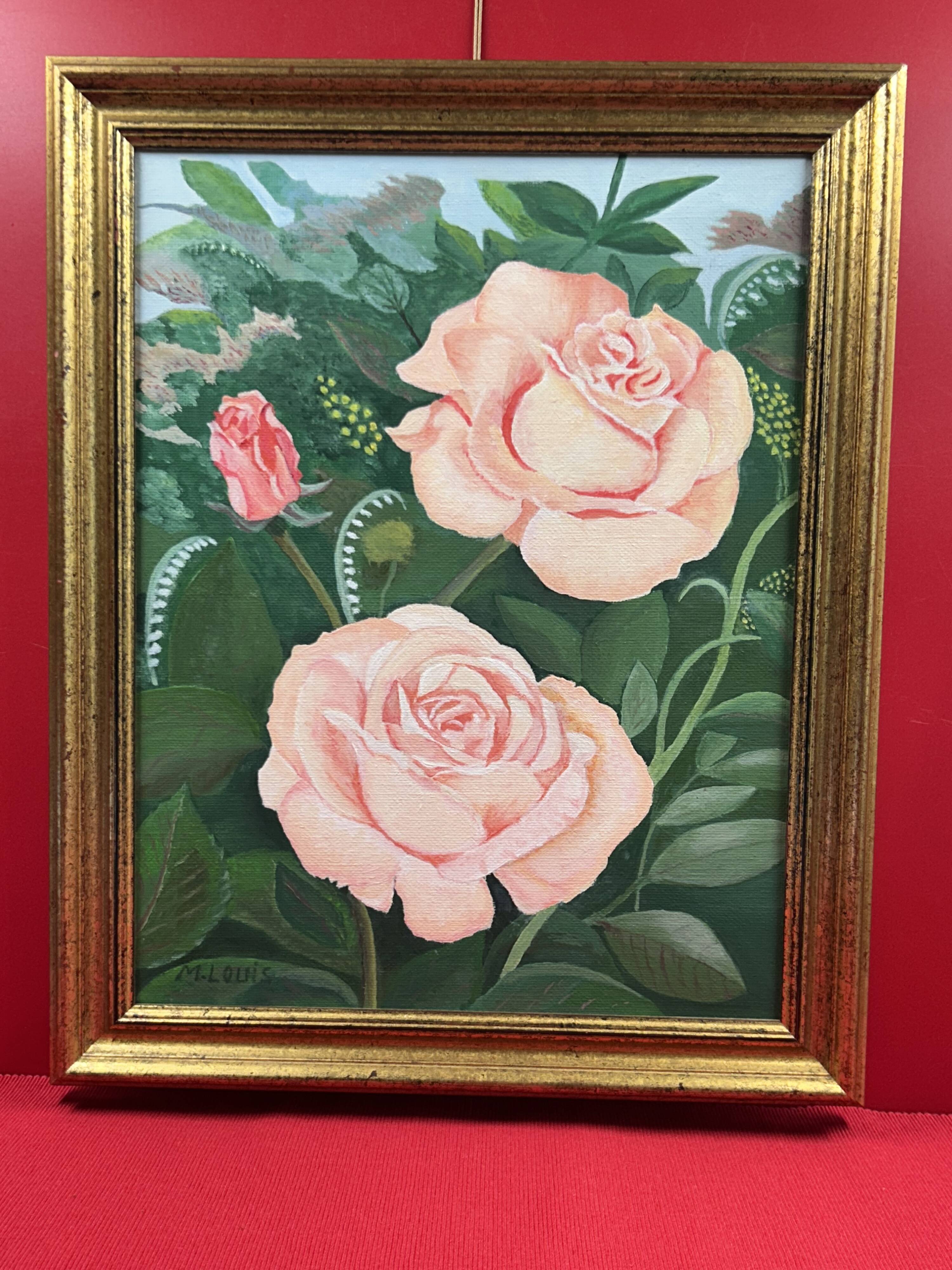 Oil on canvas, Kitsch - Roses lush greenery - Signed M. Louis