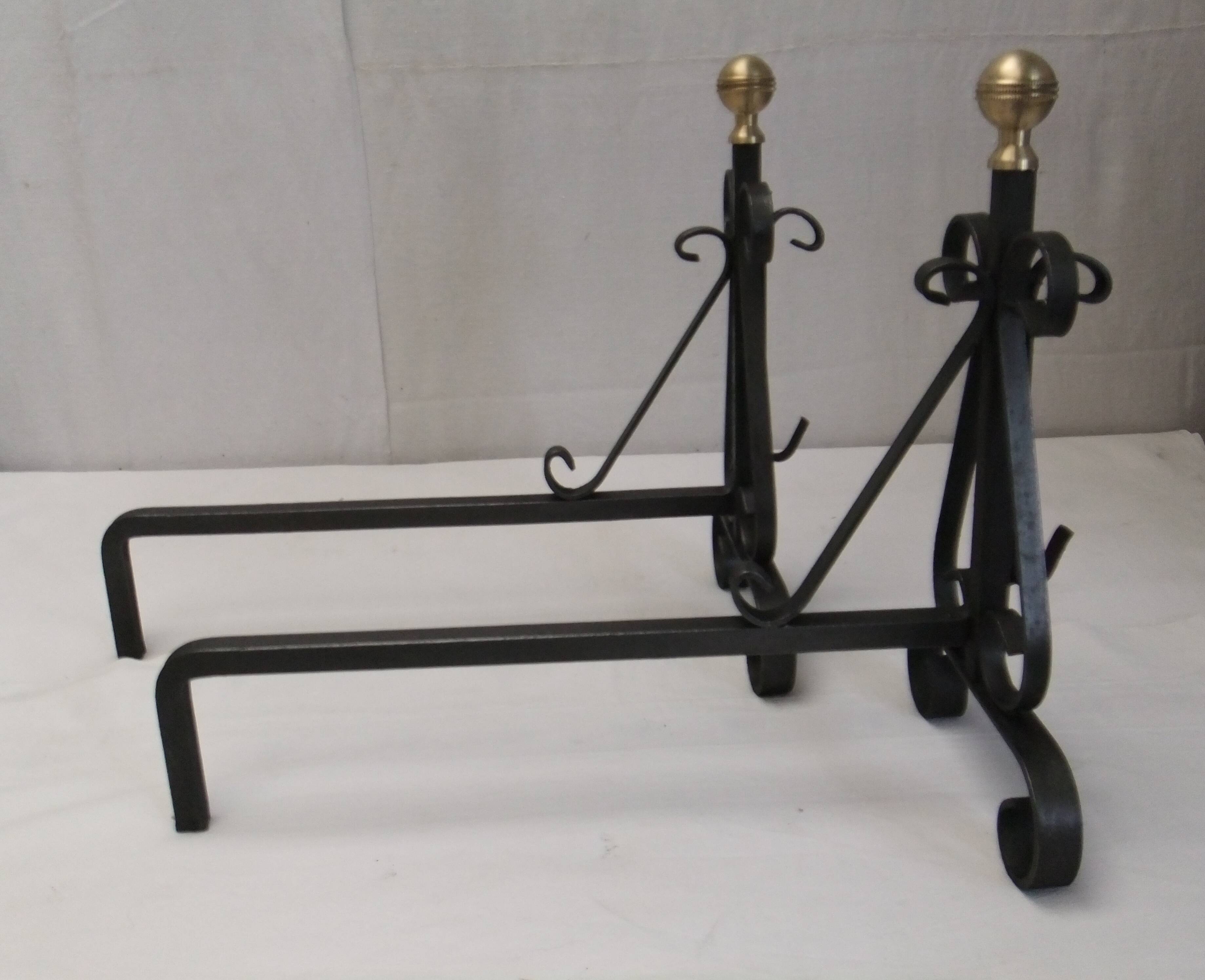 Antique pair of cast iron andirons wrought iron and bronze fireplace accessory