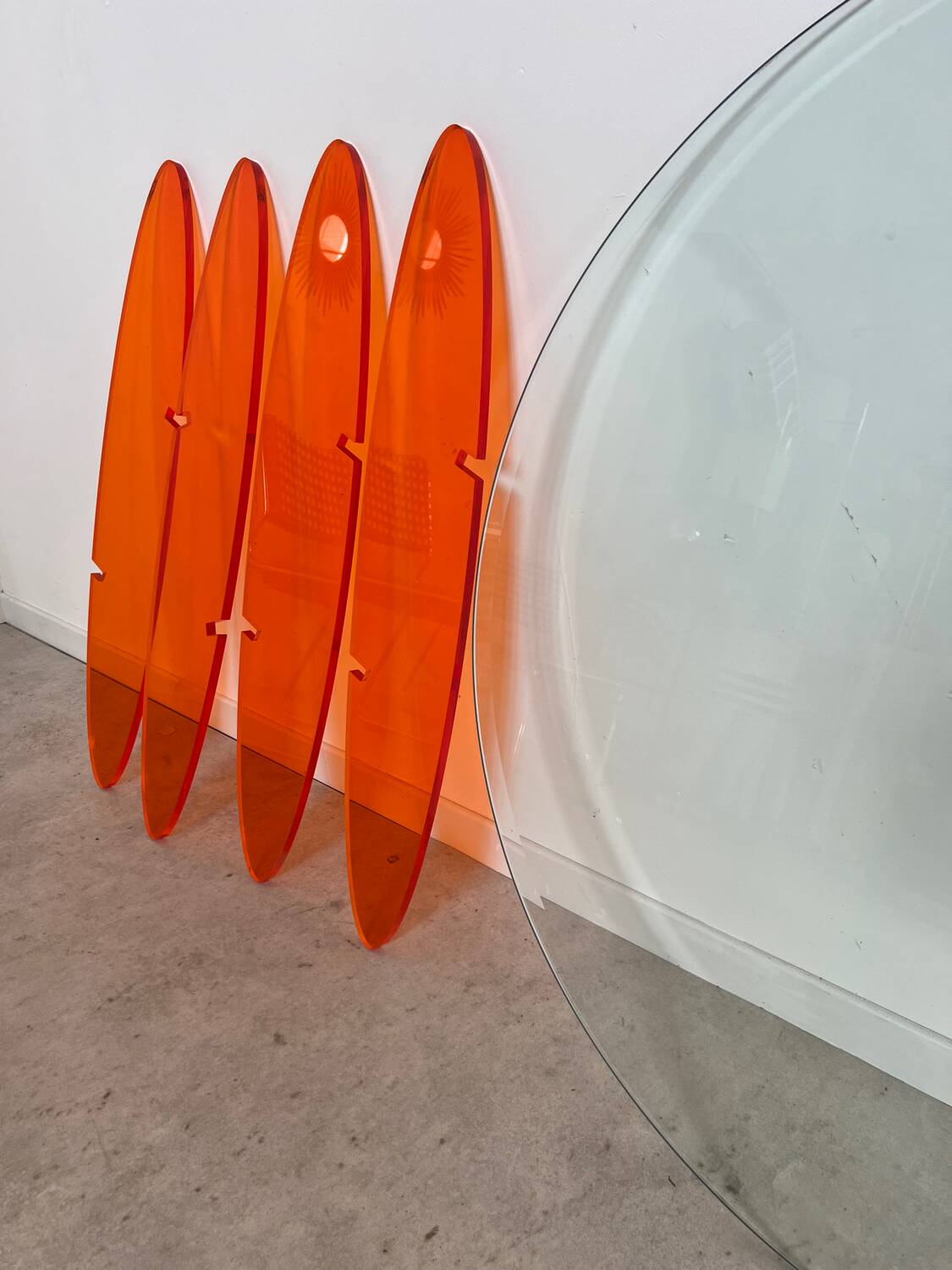 Geometric coffee table glass and orange plexi design 70s Space vintage age