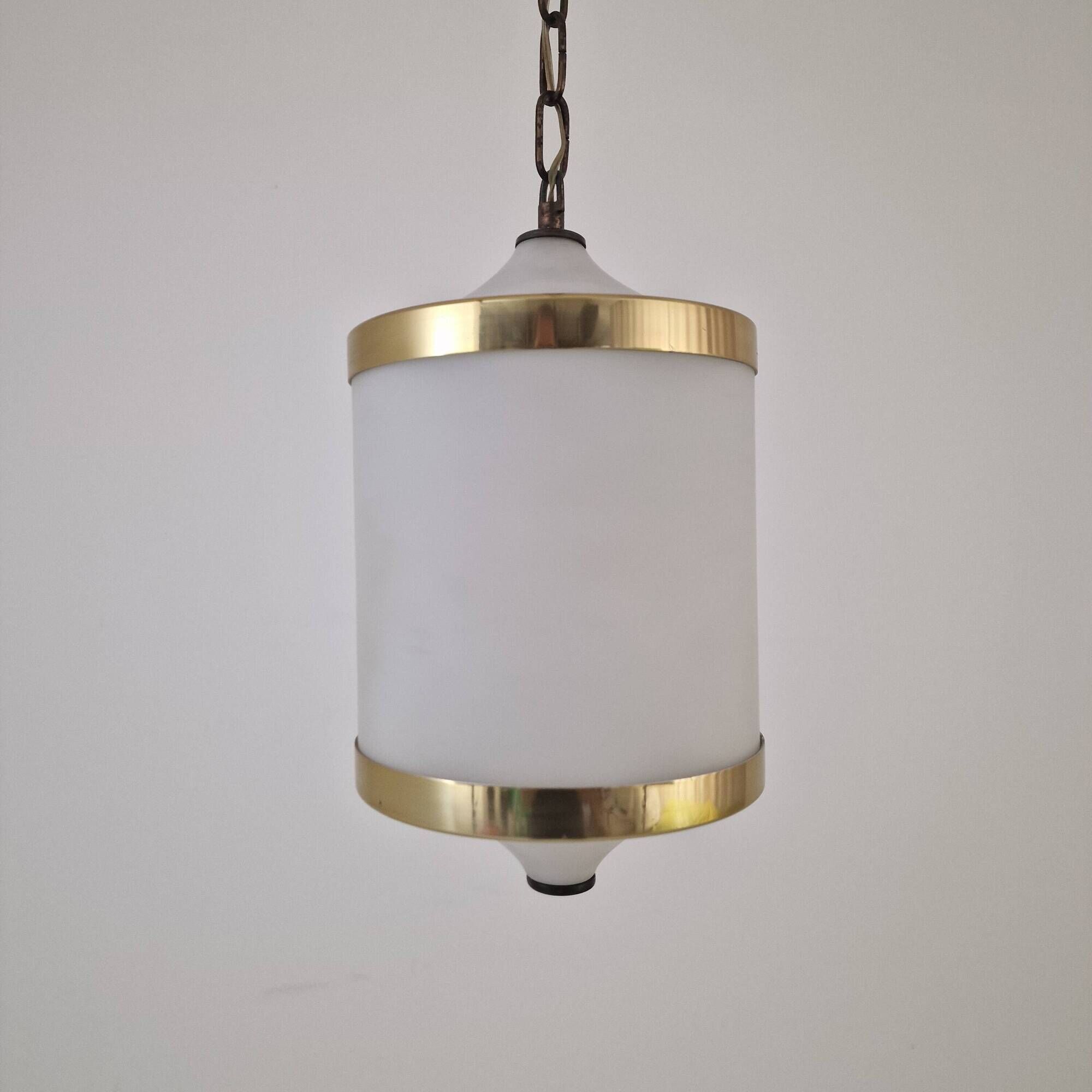 Mid-Century Italian Opaline Glass, Acrylic & Brass Pendant Light – 1960s