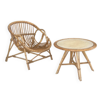 Rattan armchair and table 1960