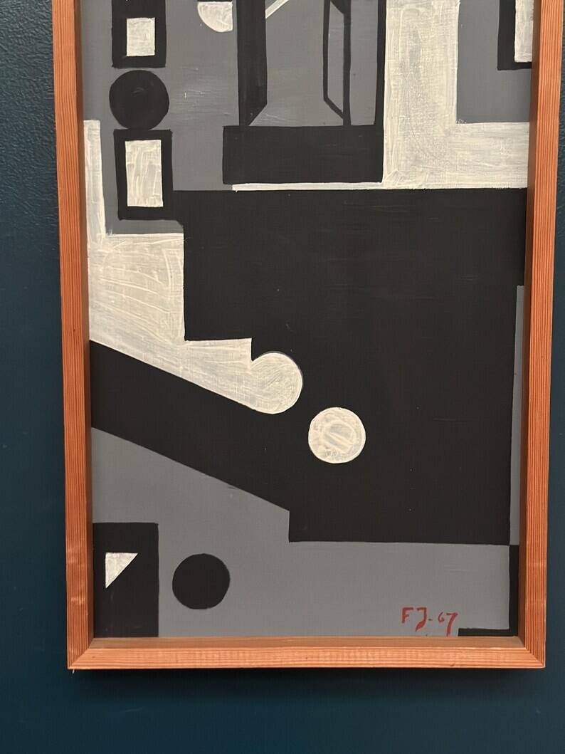 Original Danish Oil on Canvas – “Cultural Revolution in the Passerenden” by Finn Johansen 1967 – Vintage & Framed – 56.5×36.5cm (22.2" × 14.4")