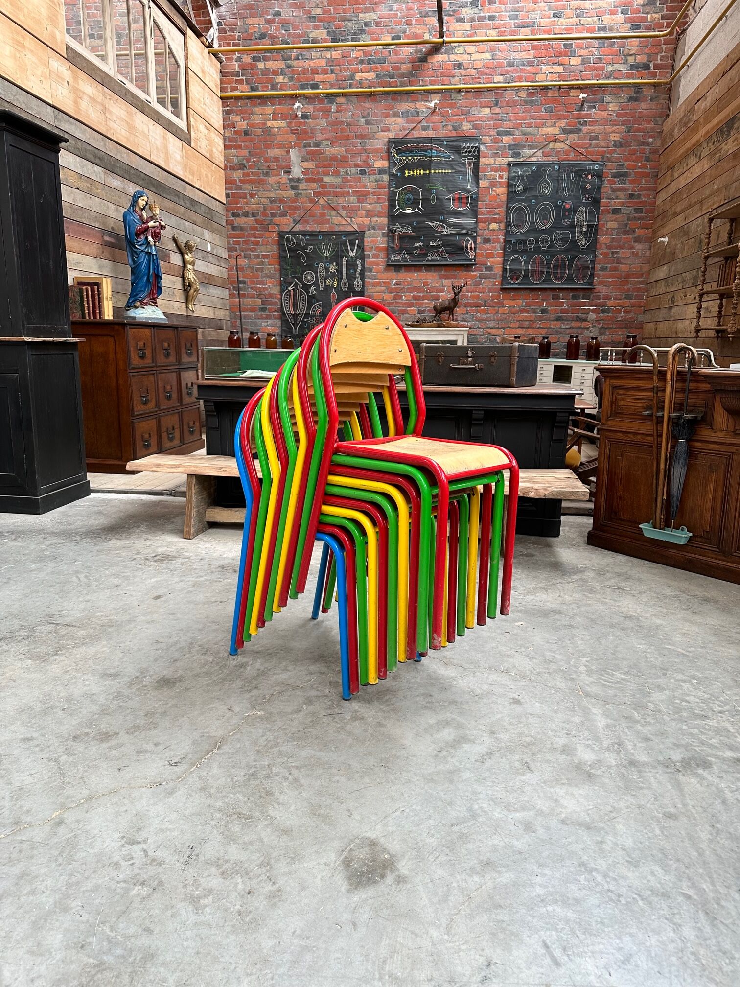 Suite of 10 metal and wood community chairs