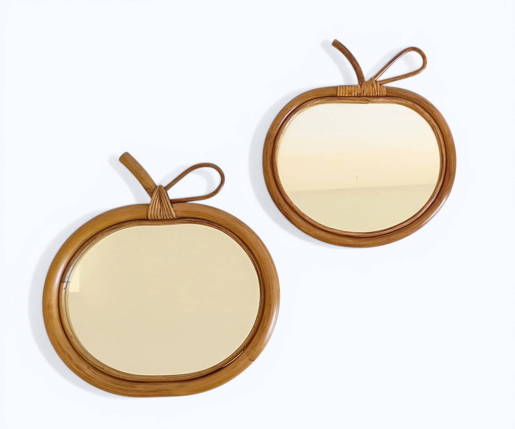 Pair of Apple-Shaped Mirrors in Bamboo and Rattan, France, 1960