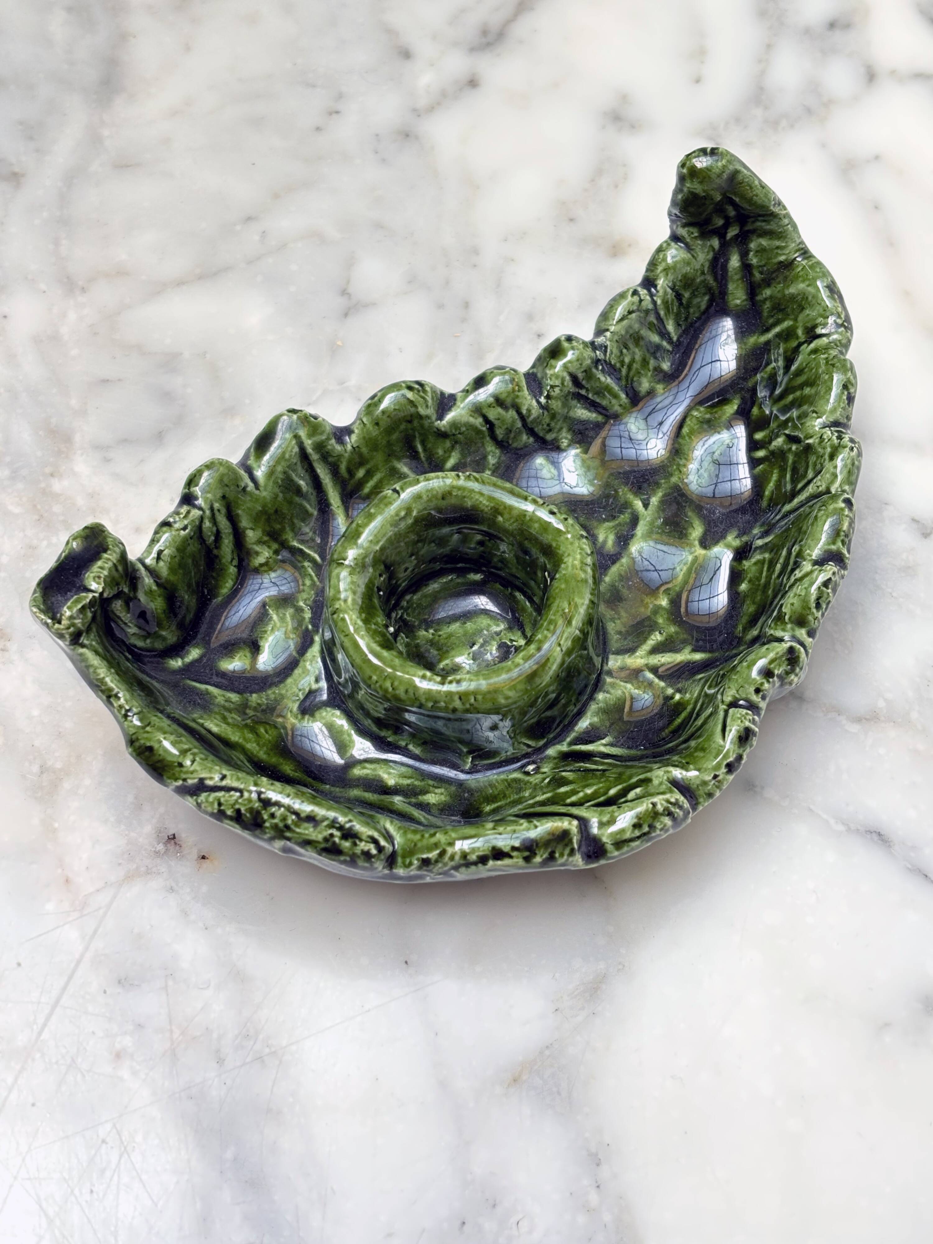 Small candle holder in green slip ceramic
