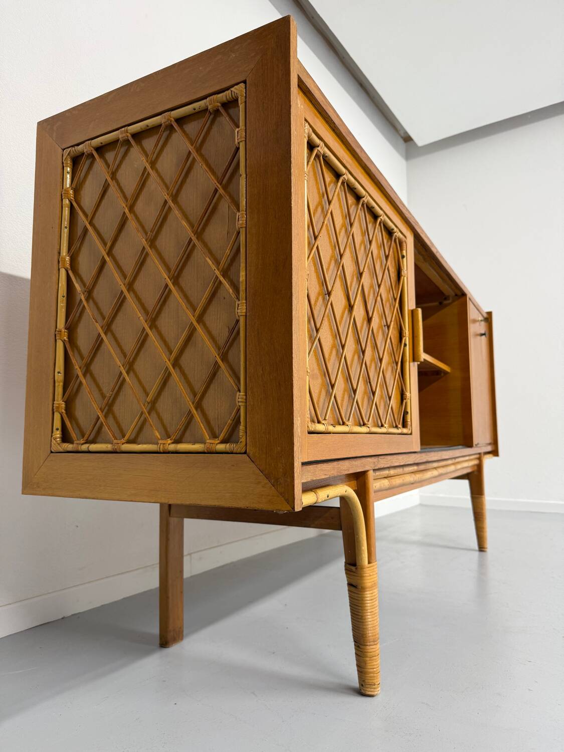 Antique French vintage 50s design wooden and rattan sideboard
