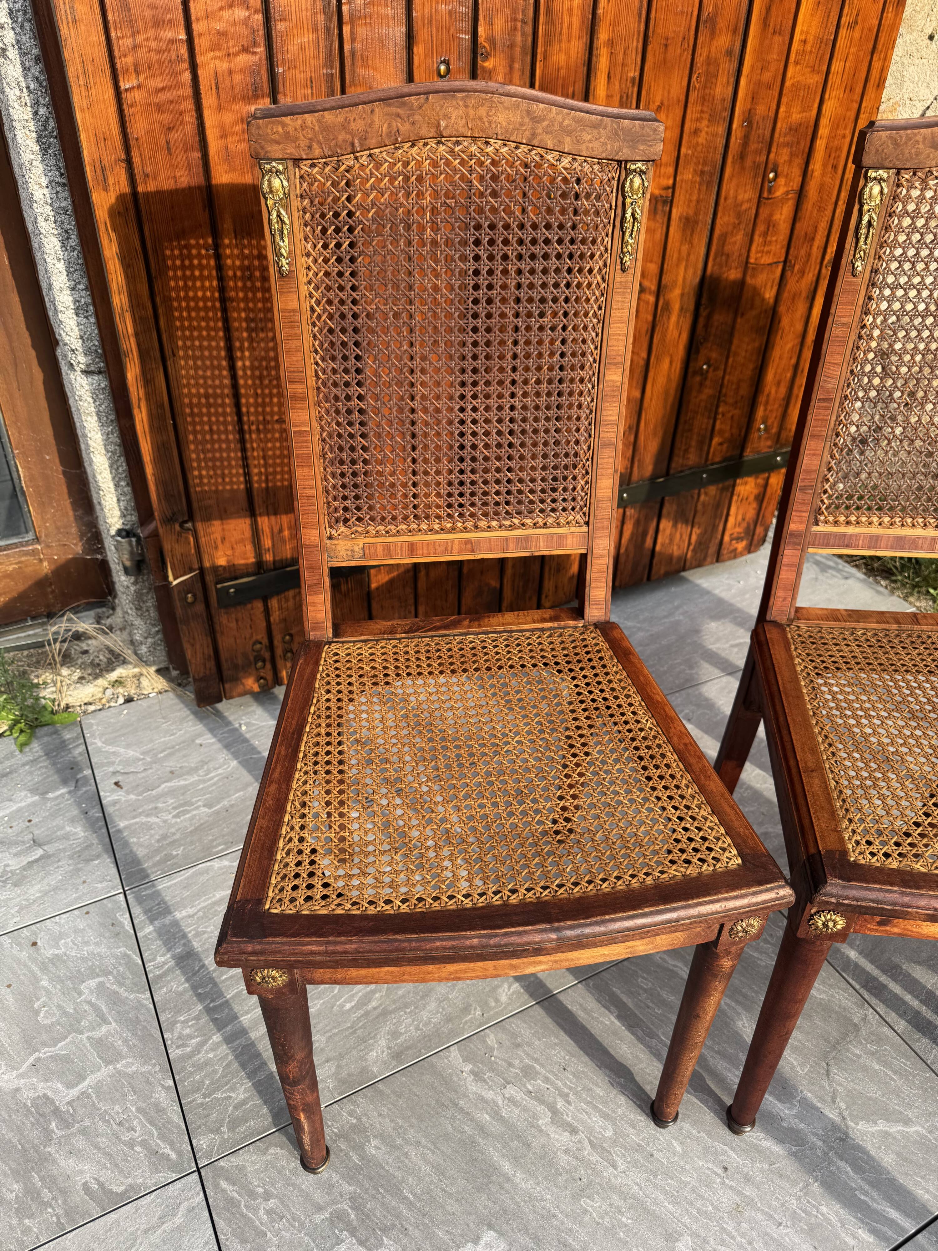 Set of four antique Louis XVI style chairs, wood and cane