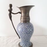 Earthenware and pewter ewer with mermaid handle
