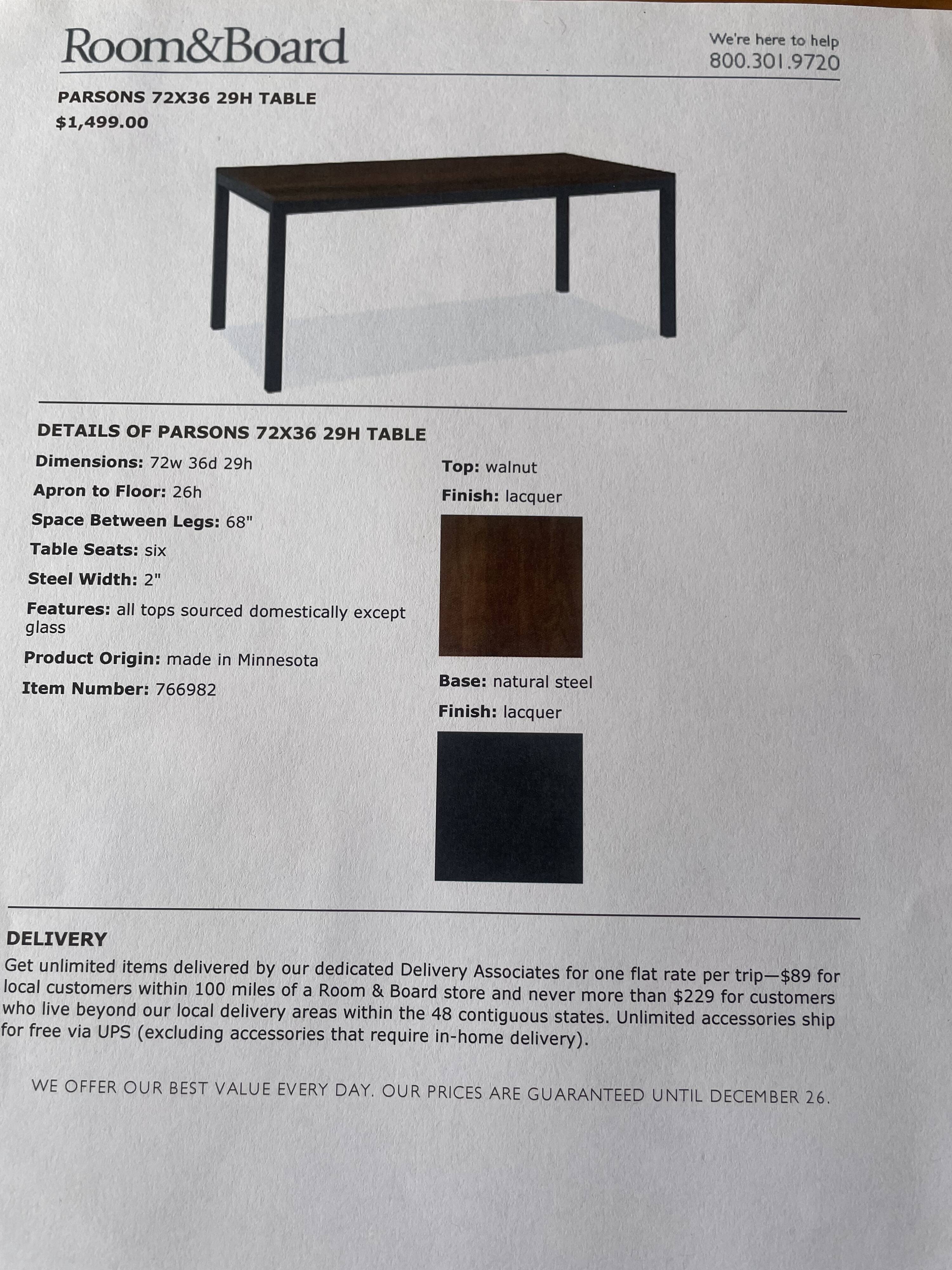 Table room & board parsons – noyer & metal structure – 183 × 91 cm