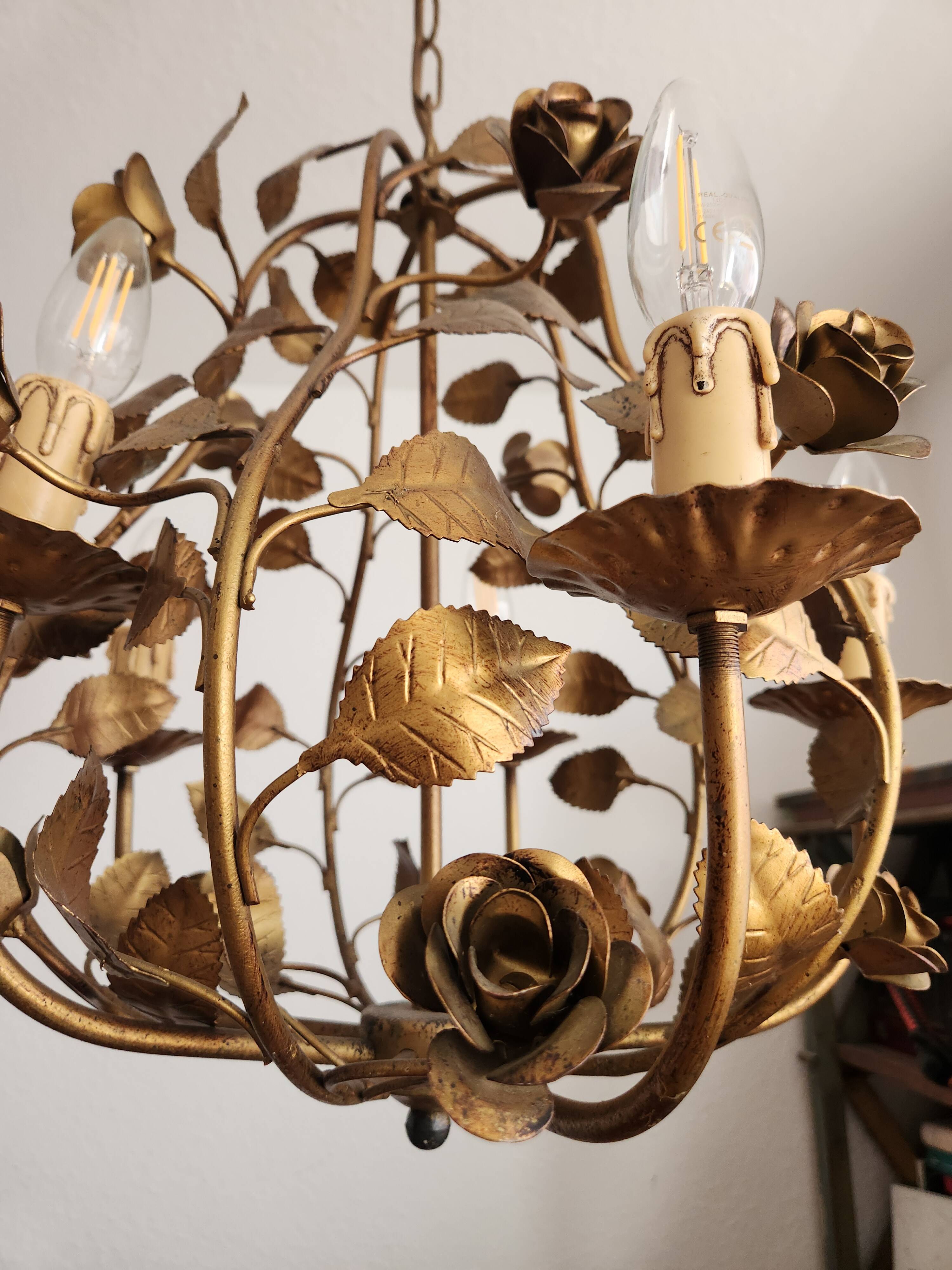 Chandelier hand-forged Hollywood Regency rose leaf decorations