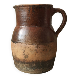 Ancien pichet en terre cuite émaillée, cruche semi-vernissée marron 17 cm