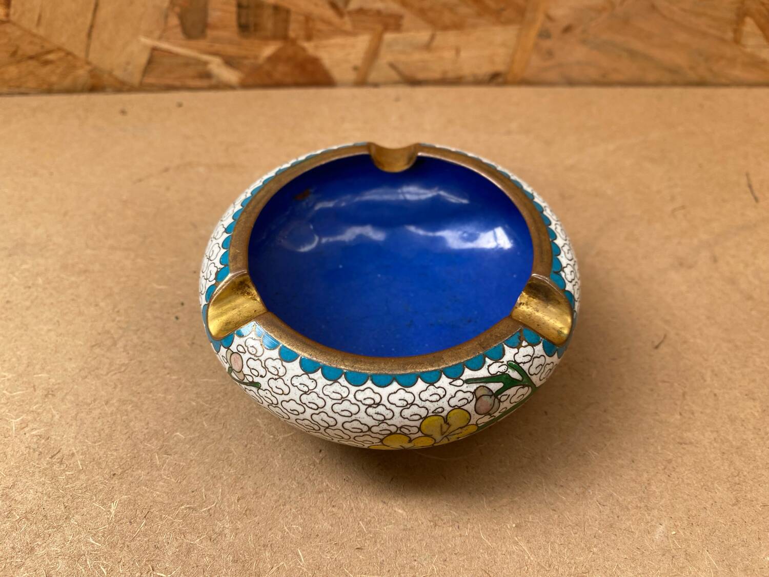 Antique Chinese Bronze Cloisonne Enamel Ashtray Vintage Flower Pattern