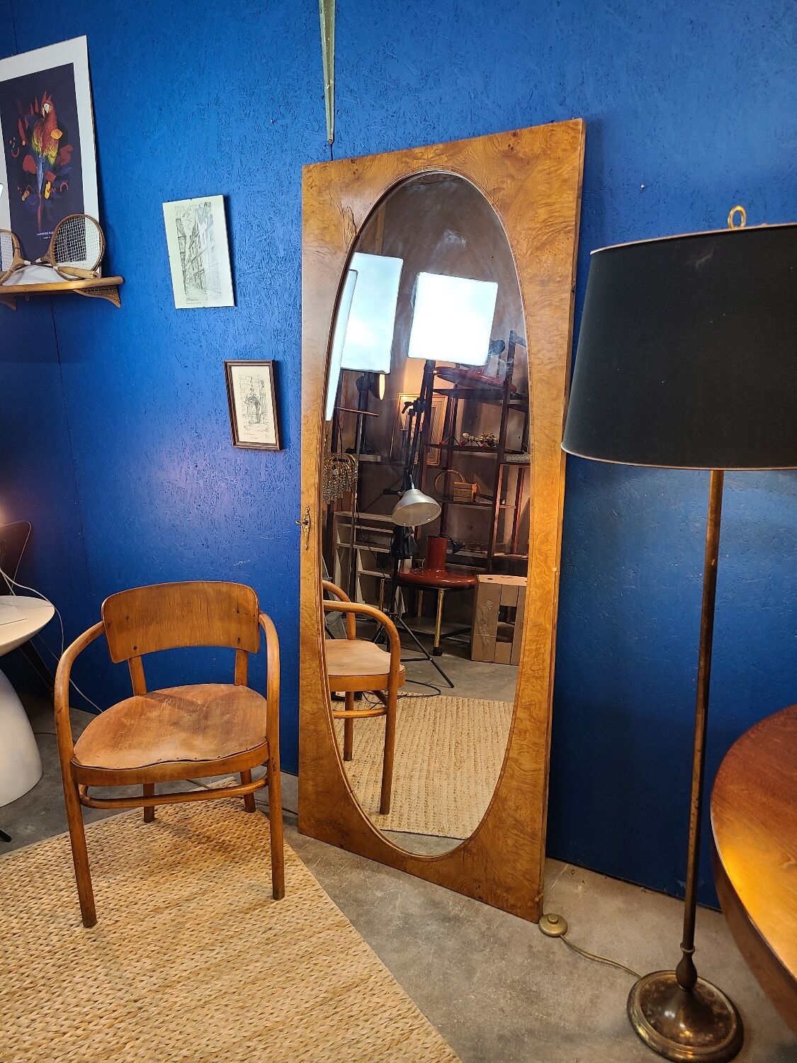 Miroir vintage géant bois clair miroir ovale 1920